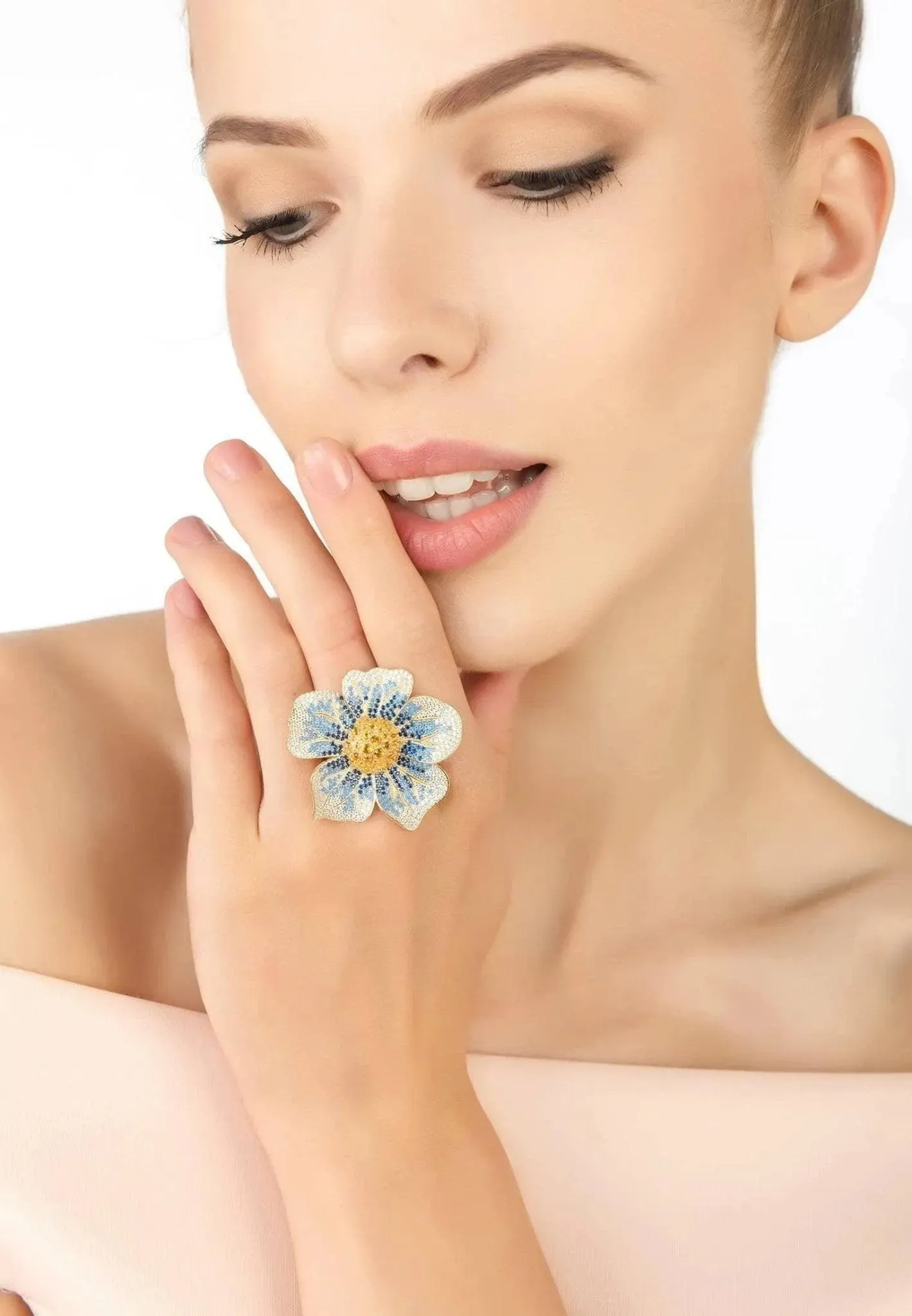 Pansy Flower Blue Ring Gold Plated