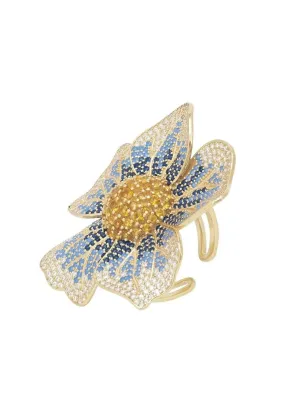 Pansy Flower Blue Ring Gold Plated