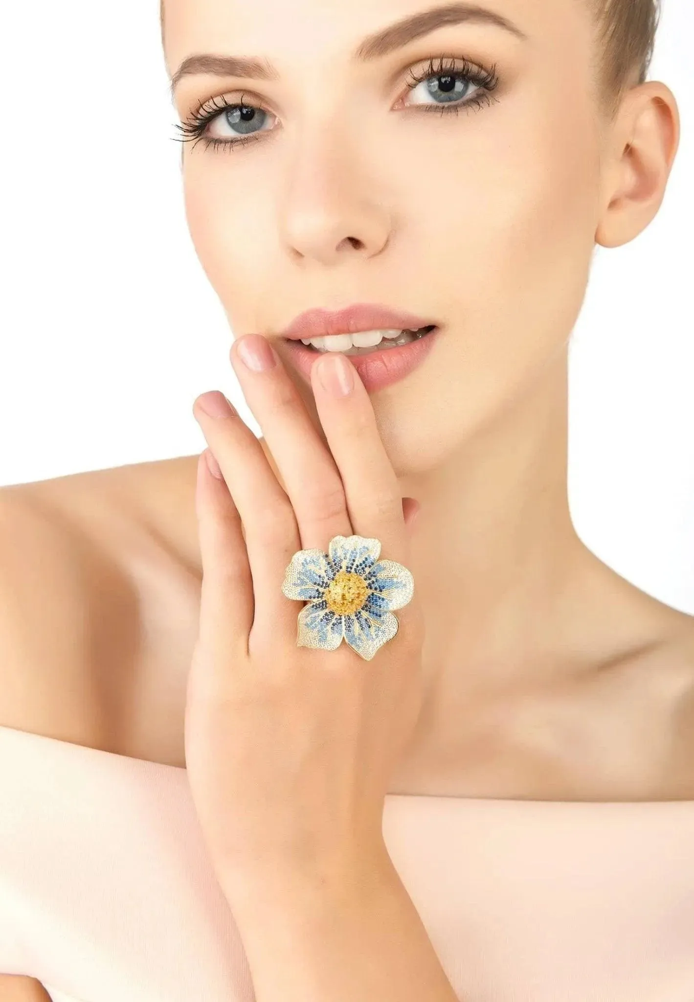 Pansy Flower Blue Ring Gold Plated