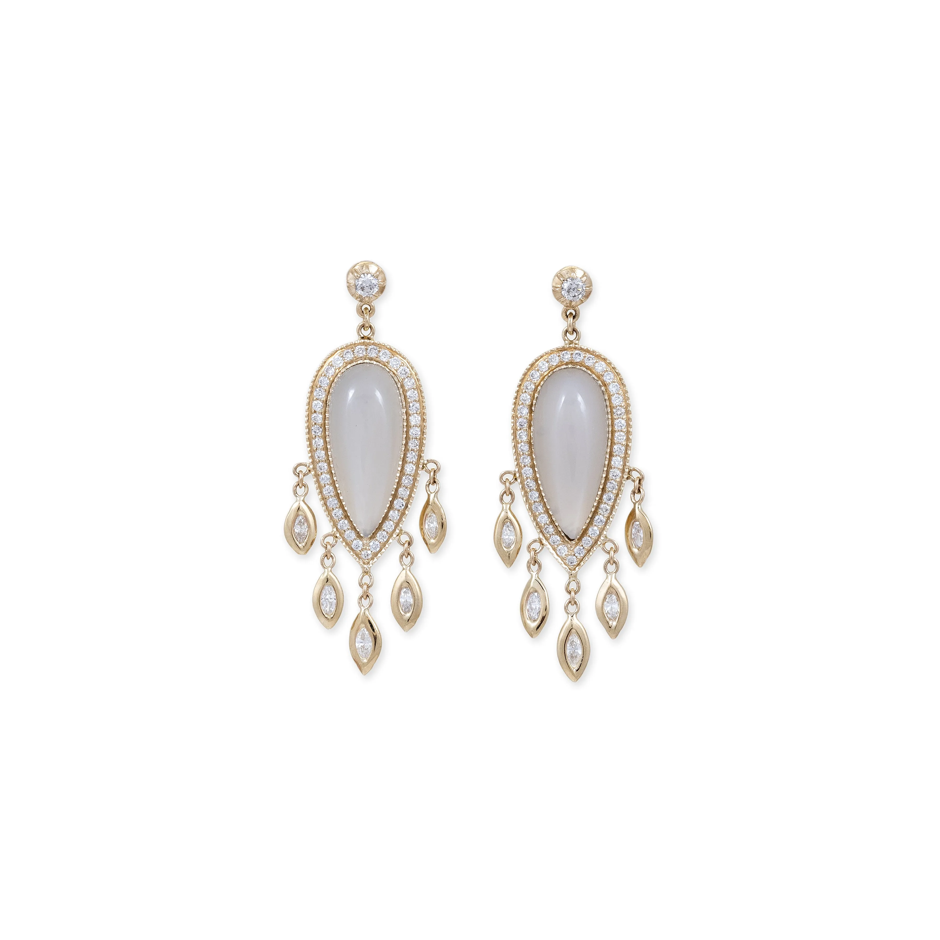 PAVE GREY MOONSTONE TEARDROP   MARQUISE DIAMOND SHAKERS DROP EARRINGS