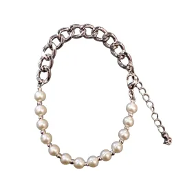 PEARL BEADED SILVER CHAIN LINK BRACELET