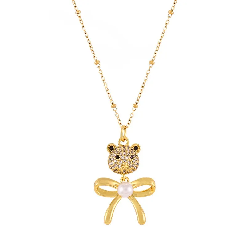Pearl Bow Bear Necklace
