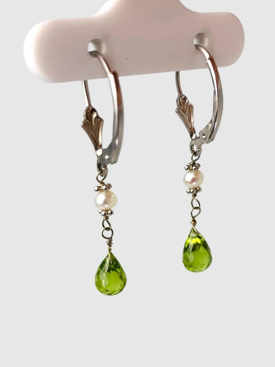 Peridot And Pearl 2 Station Rosary Drop Earrings in 14KW - EAR-139-DRPPRLGM14W-WHPDT