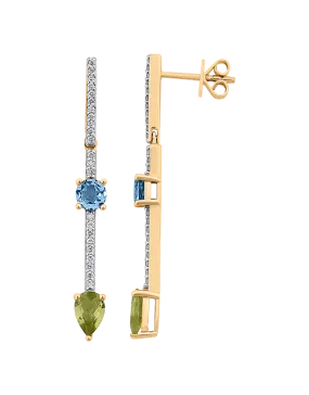 Peridot Earrings - 10ct Yellow Gold Peridot, Blue Topaz & Diamond Drop Earrings - 786268