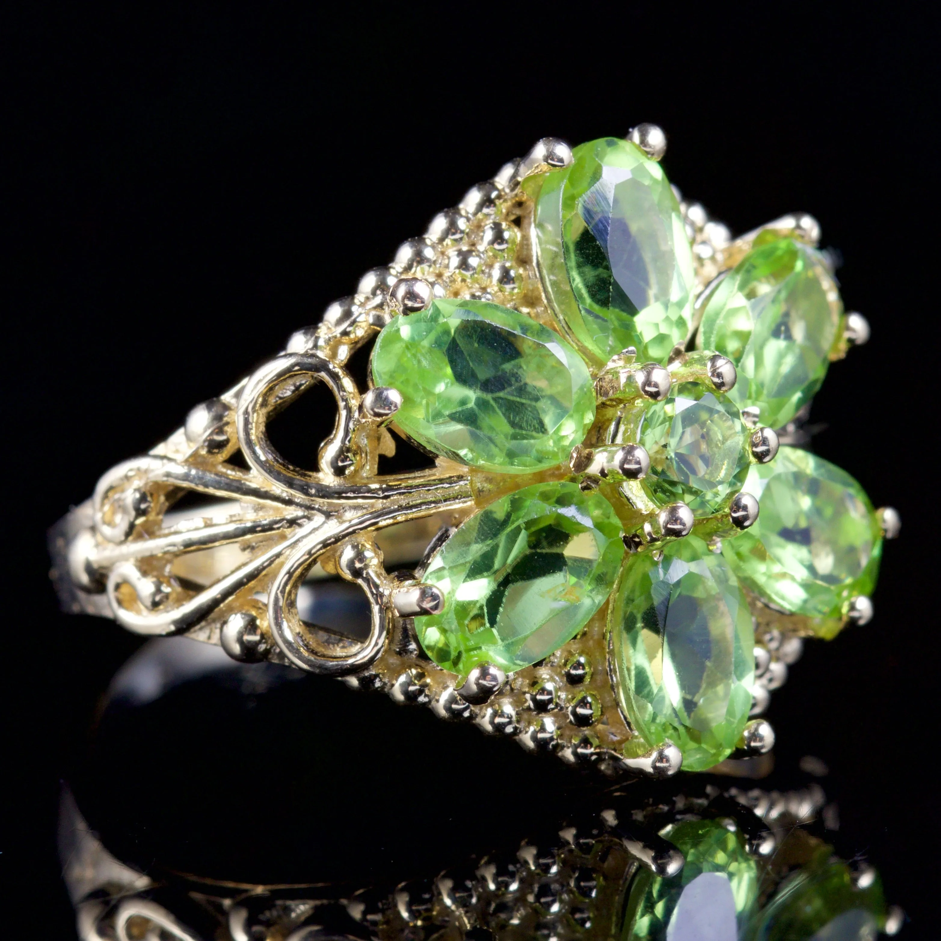 Peridot Flower Cluster Ring 9Ct Gold