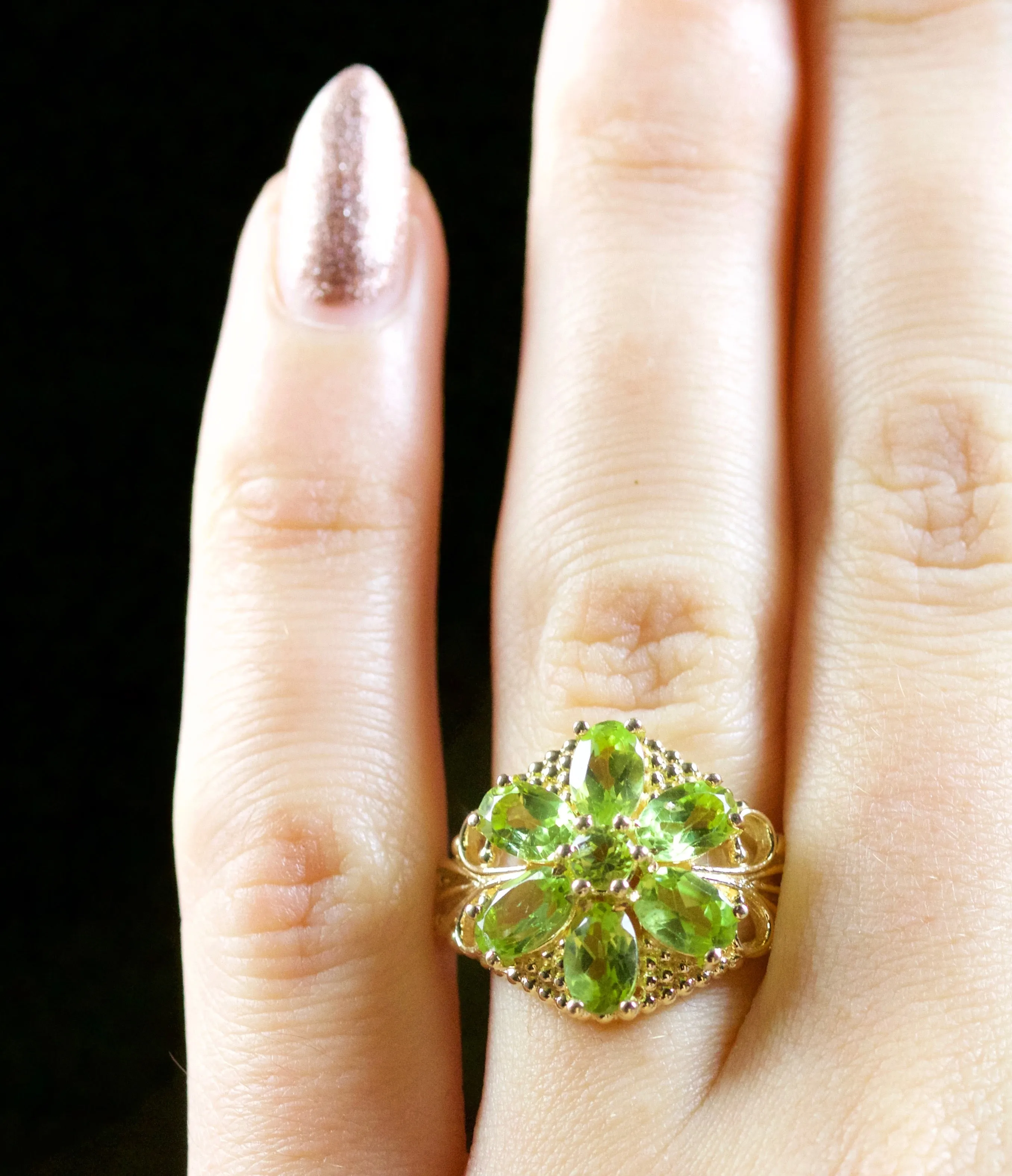 Peridot Flower Cluster Ring 9Ct Gold