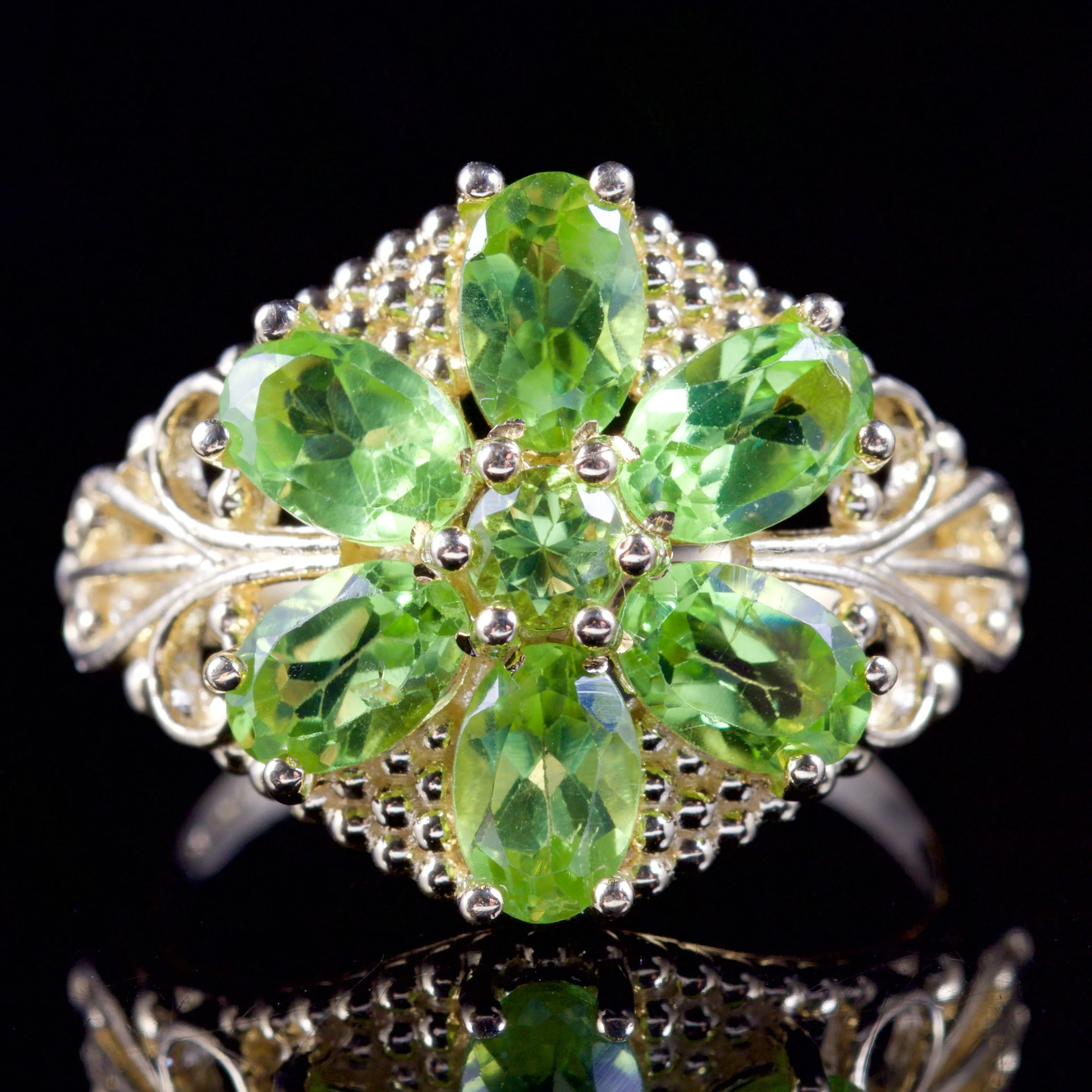 Peridot Flower Cluster Ring 9Ct Gold