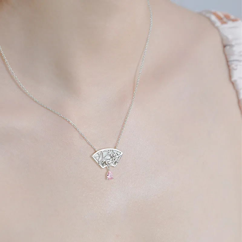 Plum Flower Pattern Fan Pendant Pear Shape Pink Zircon Sterling Silver Necklace
