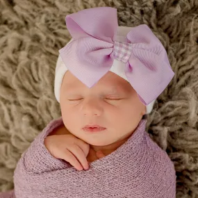 Purple Gingham Bow Newborn Girl Hat -Purple Bow with Purple Gingham Ribbon on White Hat