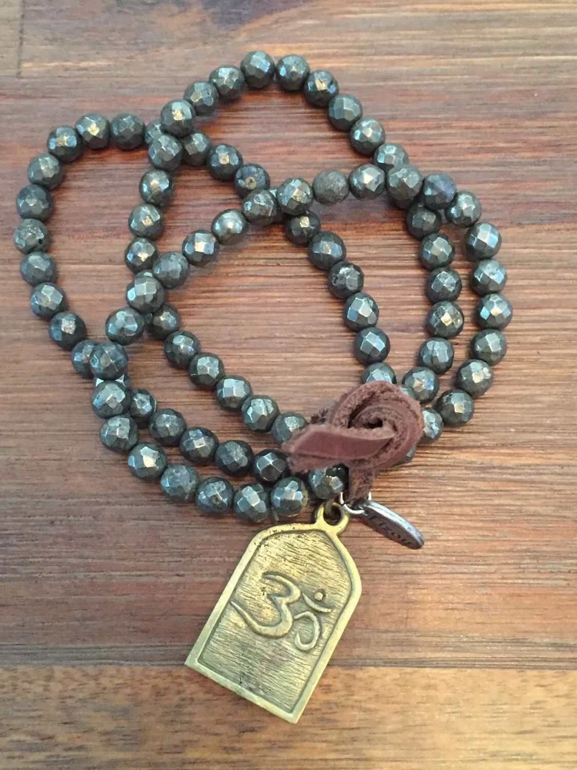 Pyrite Mala Prayer Beads w/ Shiva Pendant Aum Symbol Bracelet/Om