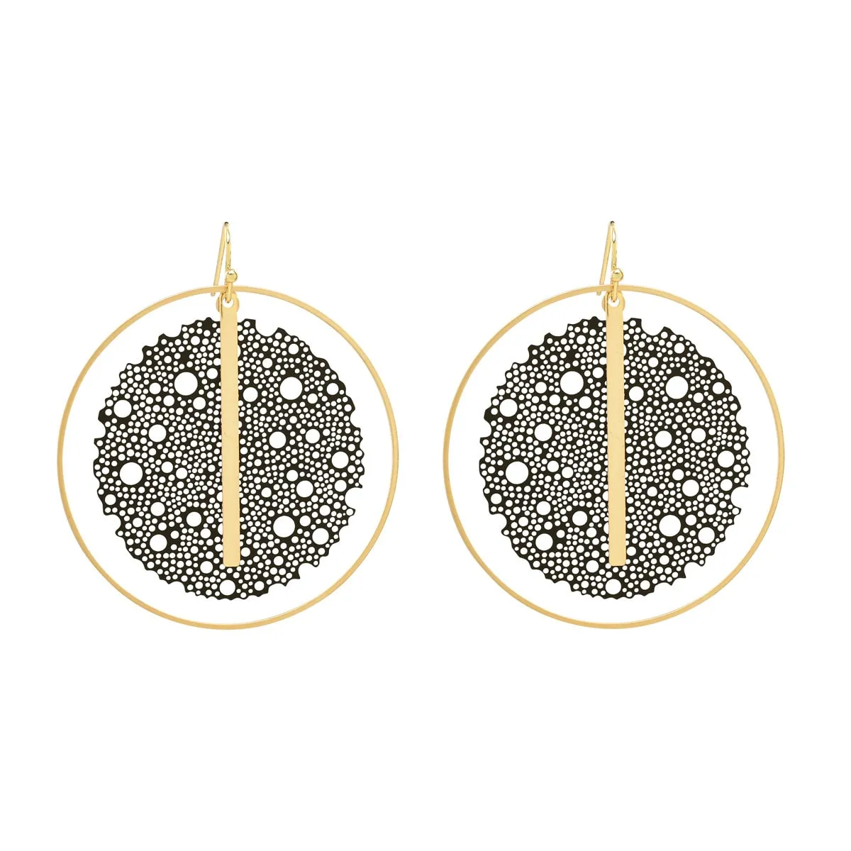 "Le Motif" Black & Gold Mesh and Vertical Bar Drop Hoop Earrings