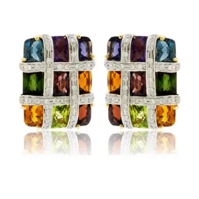 Rainbow Mixed Gemstone Checkerboard Earrings