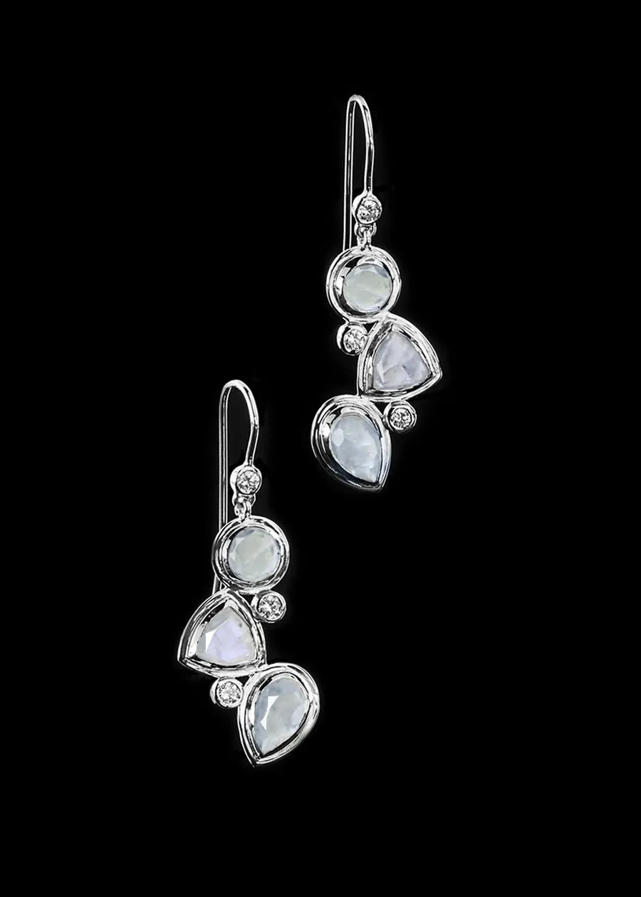 Rainbow Moonstone & Diamond Sterling Drop Earrings, Mosaic 3 Stone