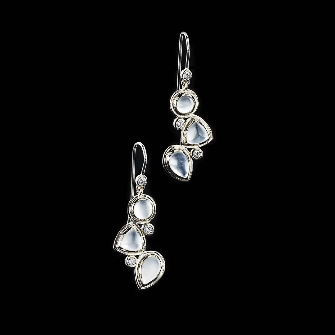 Rainbow Moonstone & Diamond Sterling Drop Earrings, Mosaic 3 Stone