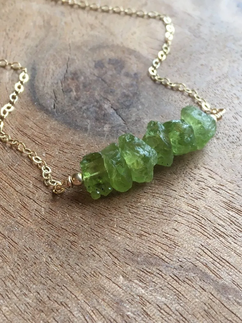 Raw Peridot Crystal Bar Necklace on Silver or Gold