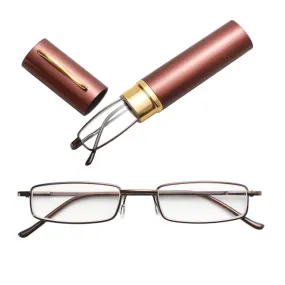 Reading Glasses Metal Spring Foot Portable Presbyopic Glasses with Tube Case  4.00D(Brown)