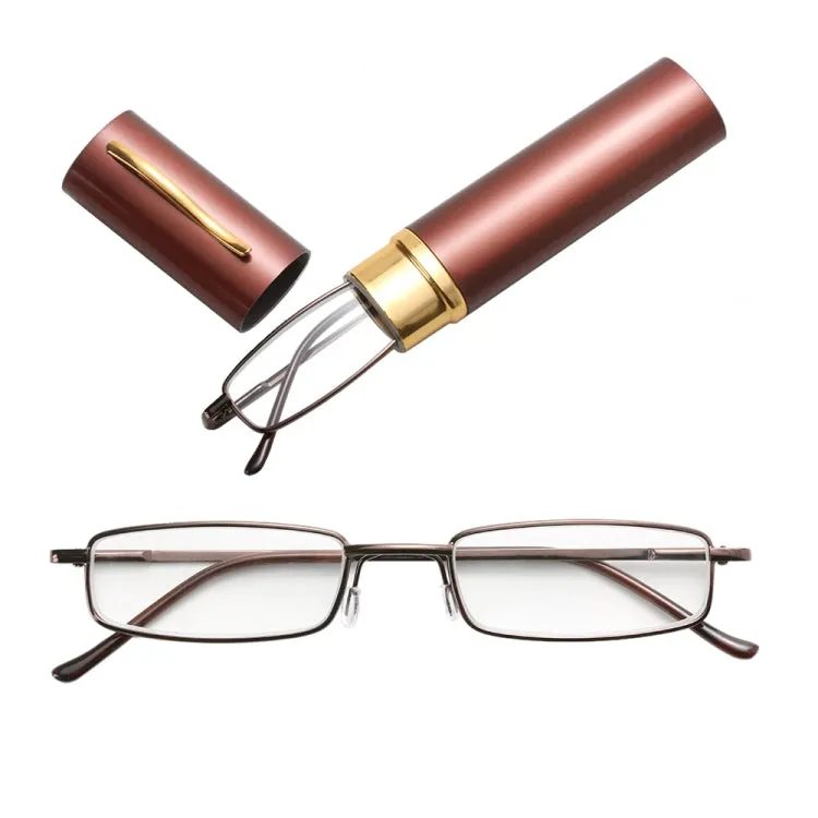 Reading Glasses Metal Spring Foot Portable Presbyopic Glasses with Tube Case  4.00D(Brown)