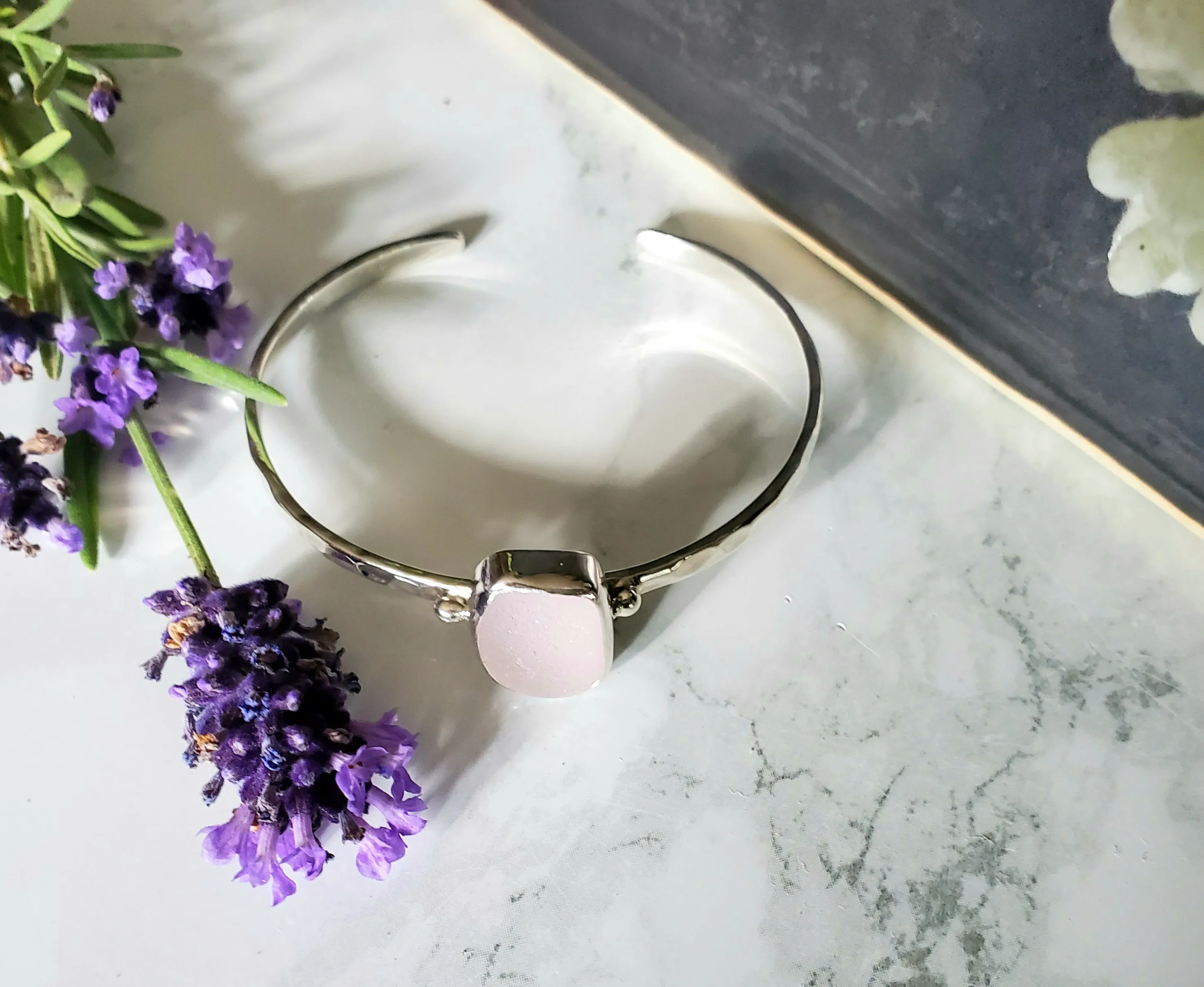 Real Lavender Sea Glass Cuff Bracelet In Sterling Silver