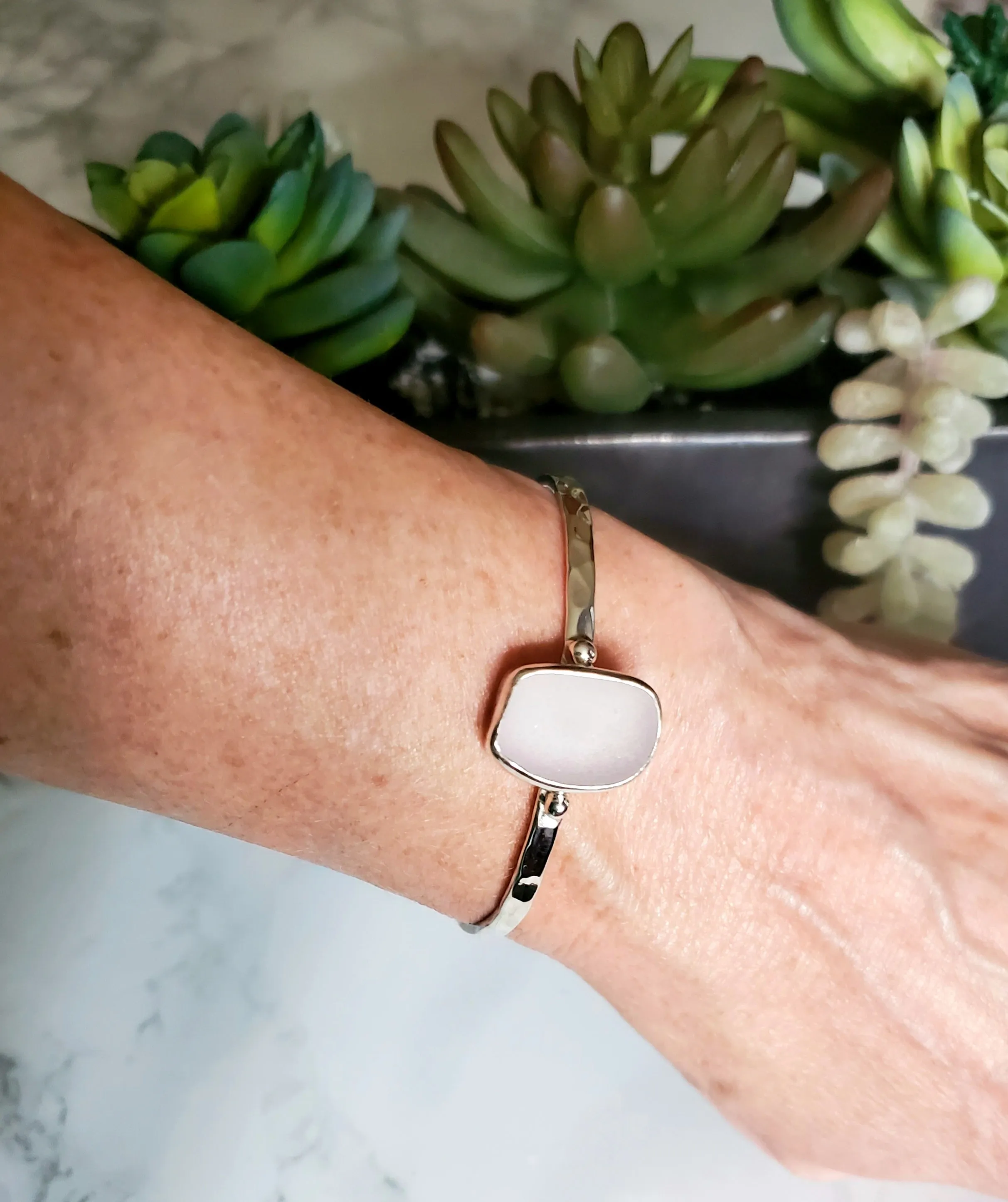 Real Lavender Sea Glass Cuff Bracelet In Sterling Silver