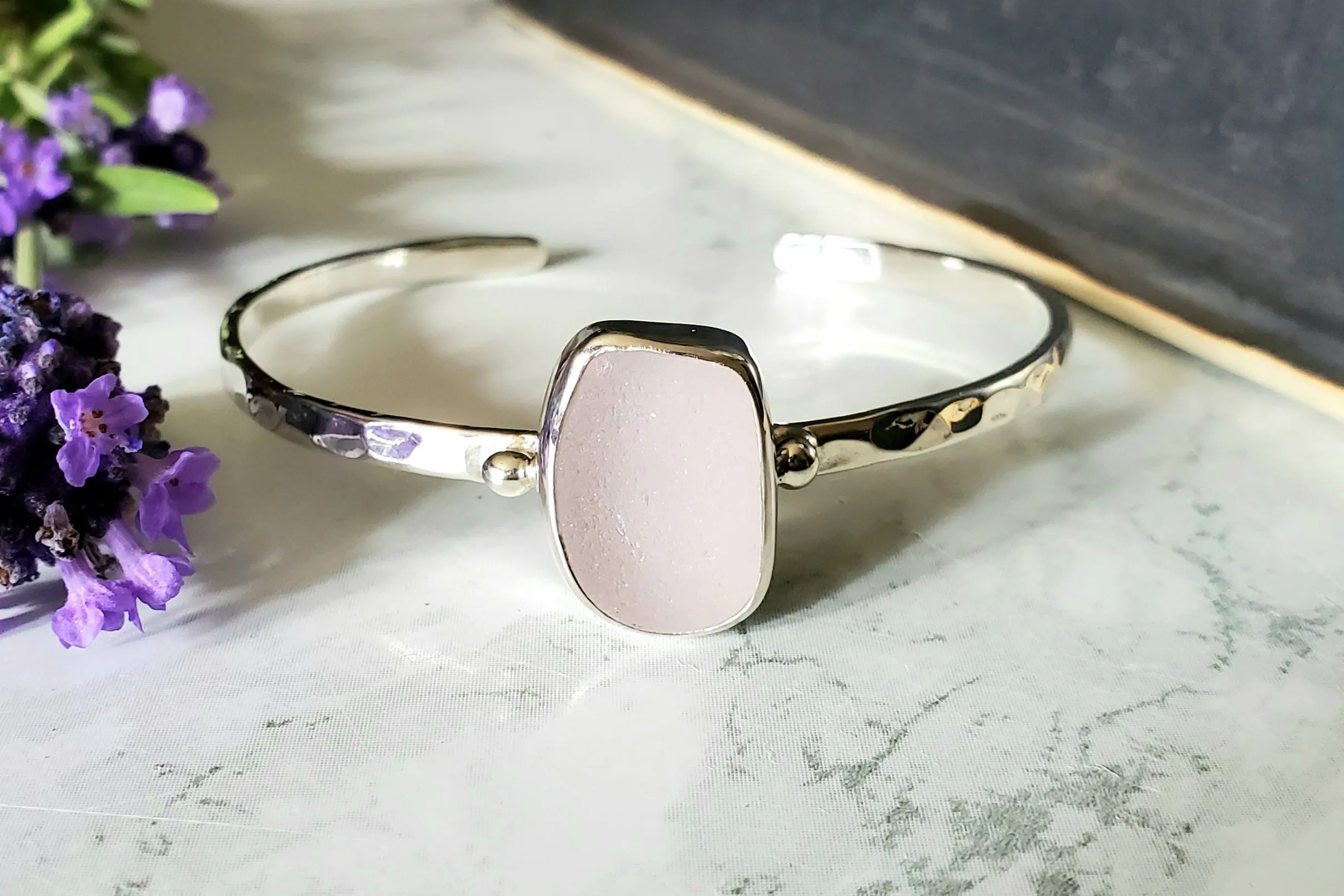 Real Lavender Sea Glass Cuff Bracelet In Sterling Silver