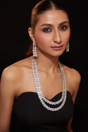 Rhodium Plated Zircon Studded Double Layer Long Necklace & Drop Earrings Set