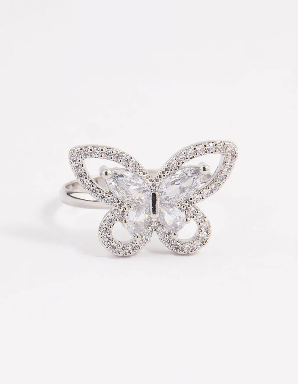 Rhodium Sparkling Butterfly Cocktail Ring
