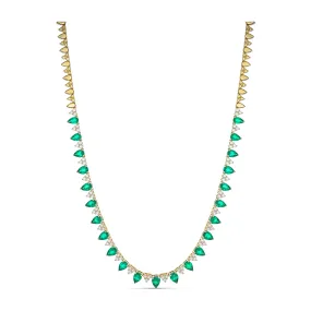 Riviera Pear Cut Emerald Gemstone and Diamond Necklace | 18K Yellow Gold