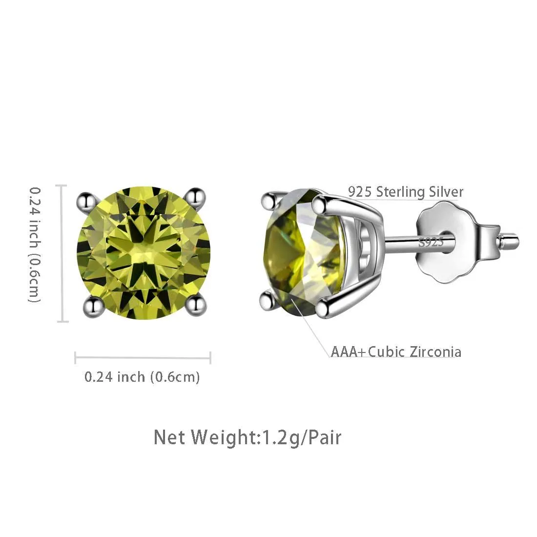 Round Birthstone August Peridot Earrings Stud Women Girls Jewelry Birthday Gift Sterling Silver