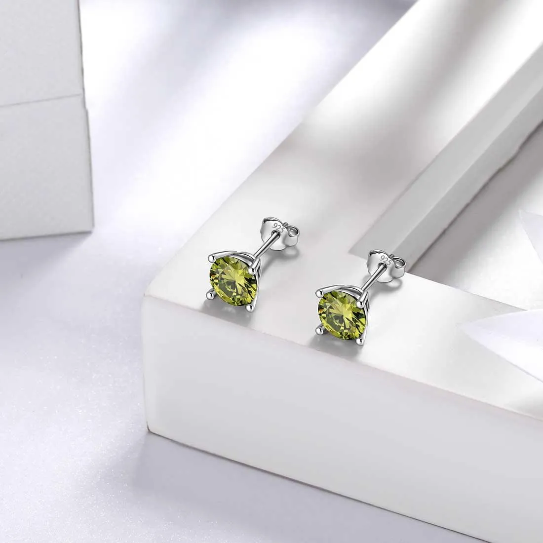 Round Birthstone August Peridot Earrings Stud Women Girls Jewelry Birthday Gift Sterling Silver