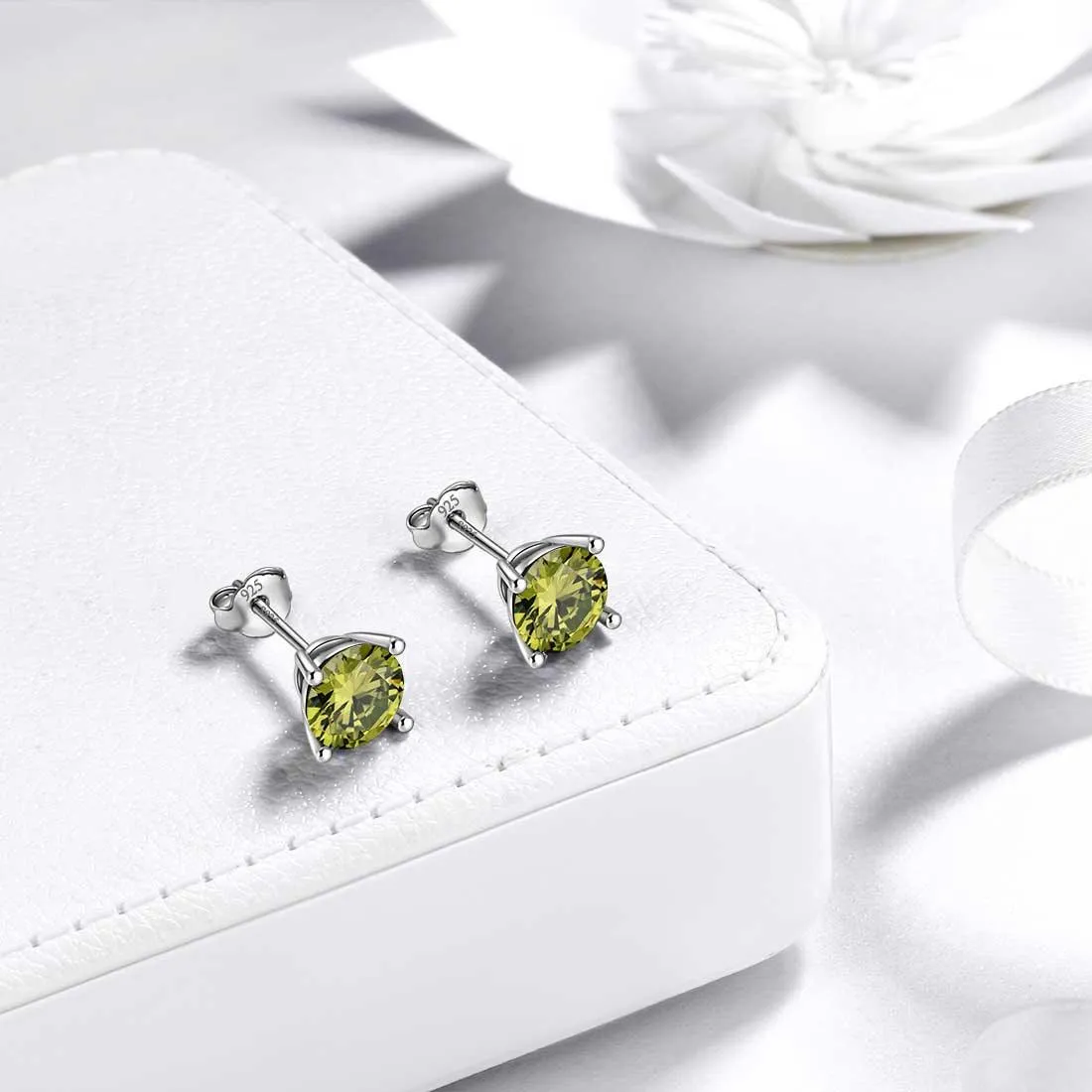 Round Birthstone August Peridot Earrings Stud Women Girls Jewelry Birthday Gift Sterling Silver