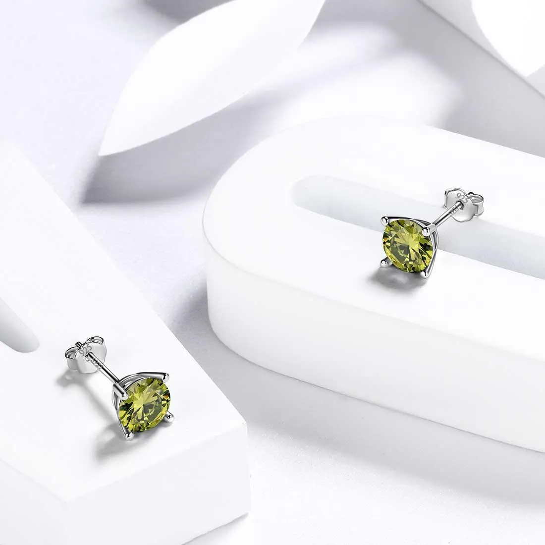 Round Birthstone August Peridot Earrings Stud Women Girls Jewelry Birthday Gift Sterling Silver