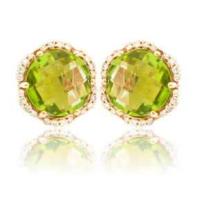Round Checkerboard Peridot and Diamond Stud Halo Earrings