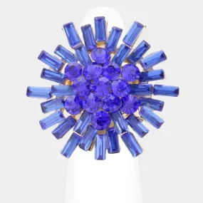 Round Rectangle Blue Stone Cluster Gold Stretch Ring