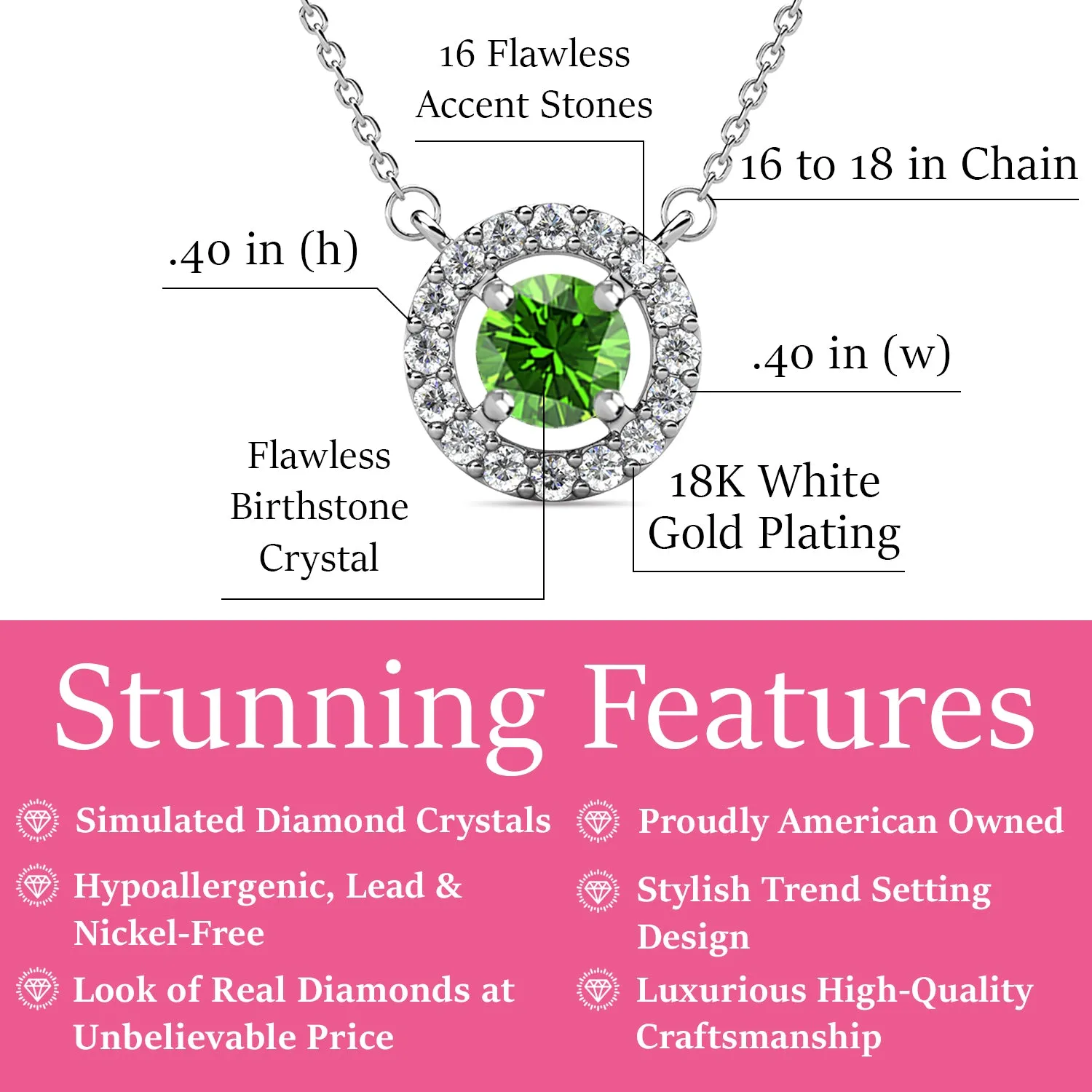 Royal 18k White Gold Plated August Birthstone Halo Necklace with Round Cut Peridot Swarovski Crystals