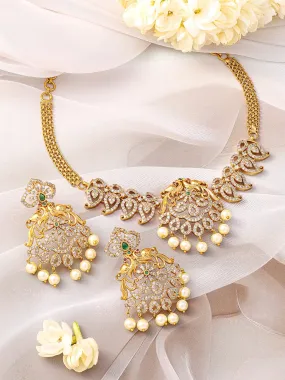 Rubans 22K Gold-Plated Emerald Green & Cubic Zirconia Traditional Jewellery Set with Pearl Beads
