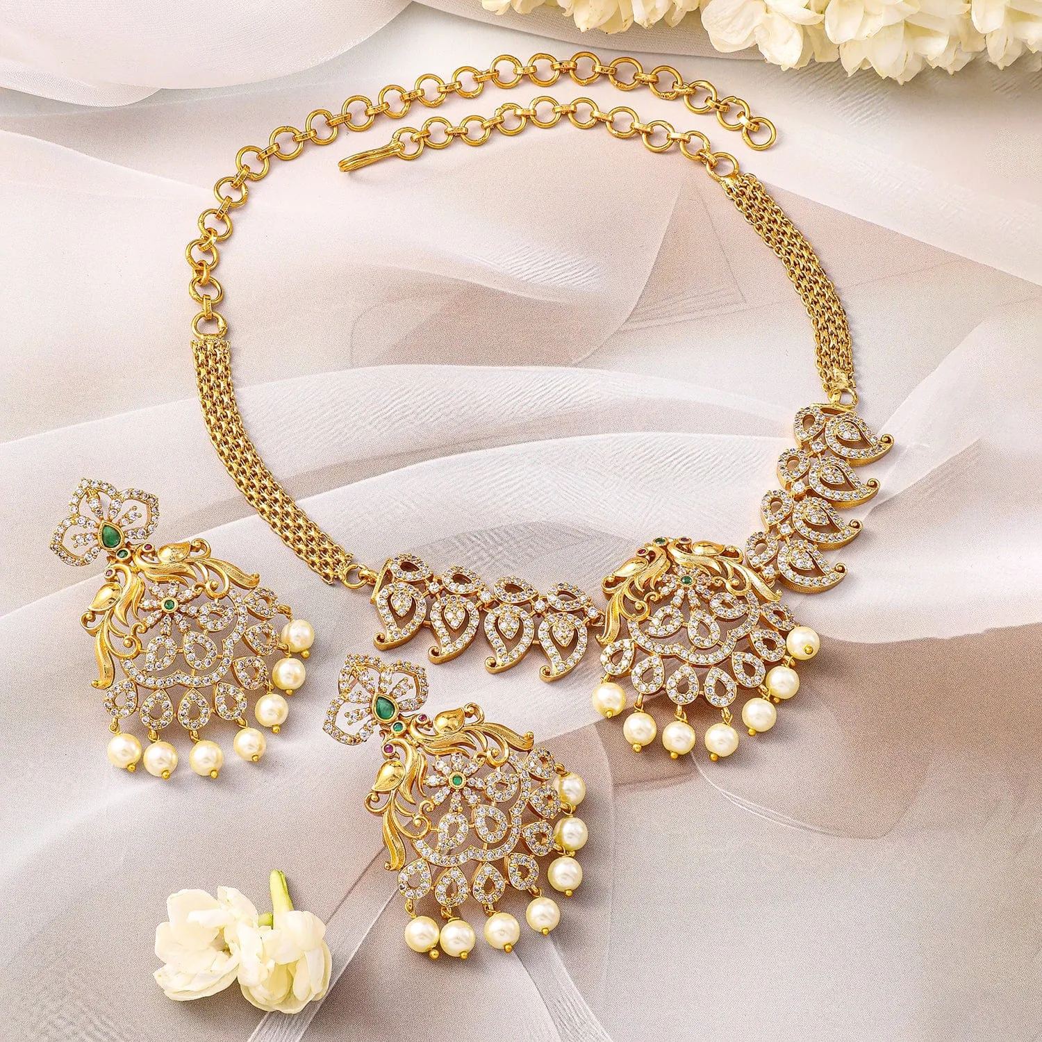 Rubans 22K Gold-Plated Emerald Green & Cubic Zirconia Traditional Jewellery Set with Pearl Beads