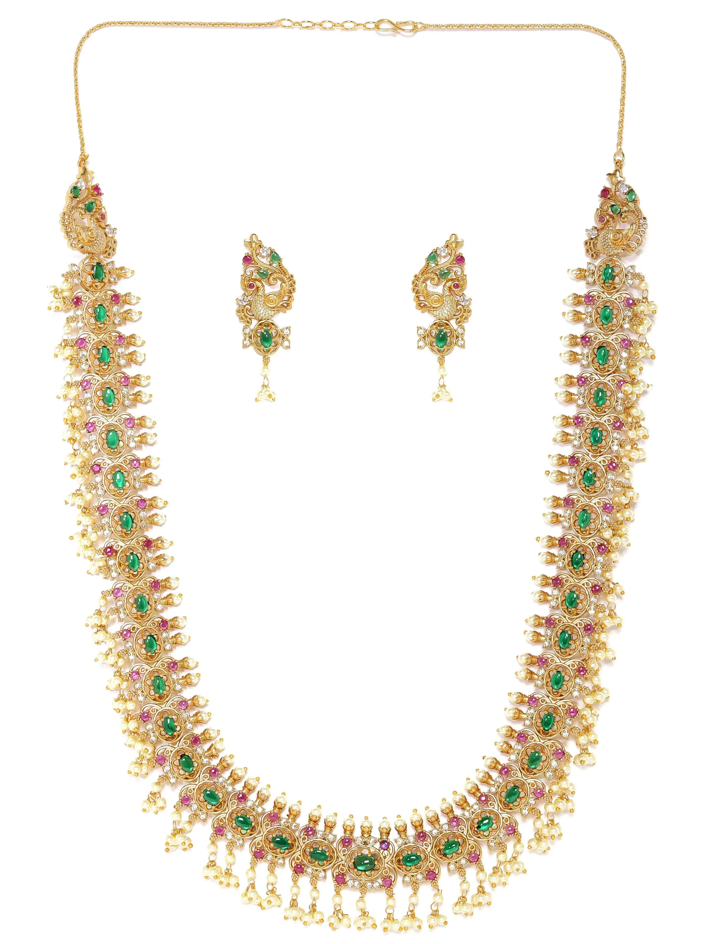 Rubans 22K Gold-Plated Kemp & Zirconia Crystal Studded Handcrafted Pearl Beaded Necklace Set