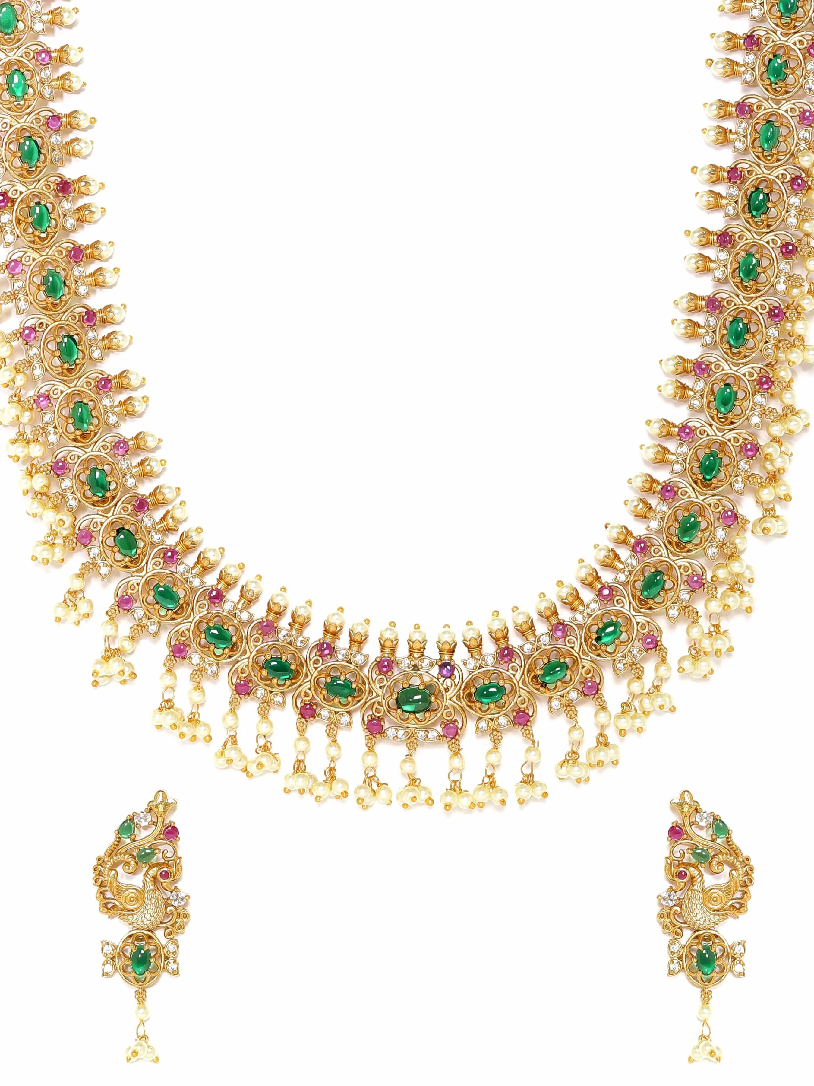 Rubans 22K Gold-Plated Kemp & Zirconia Crystal Studded Handcrafted Pearl Beaded Necklace Set