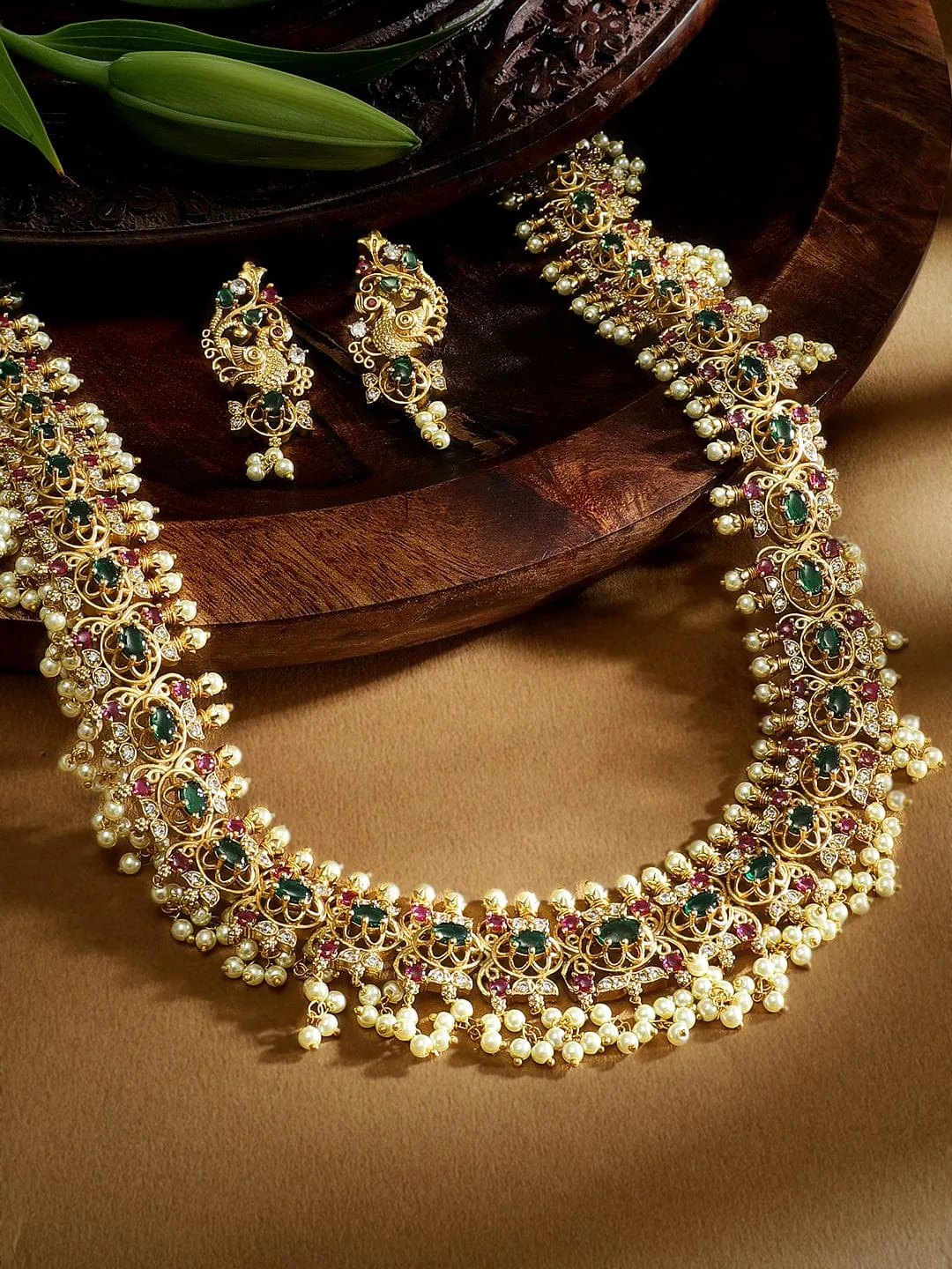 Rubans 22K Gold-Plated Kemp & Zirconia Crystal Studded Handcrafted Pearl Beaded Necklace Set