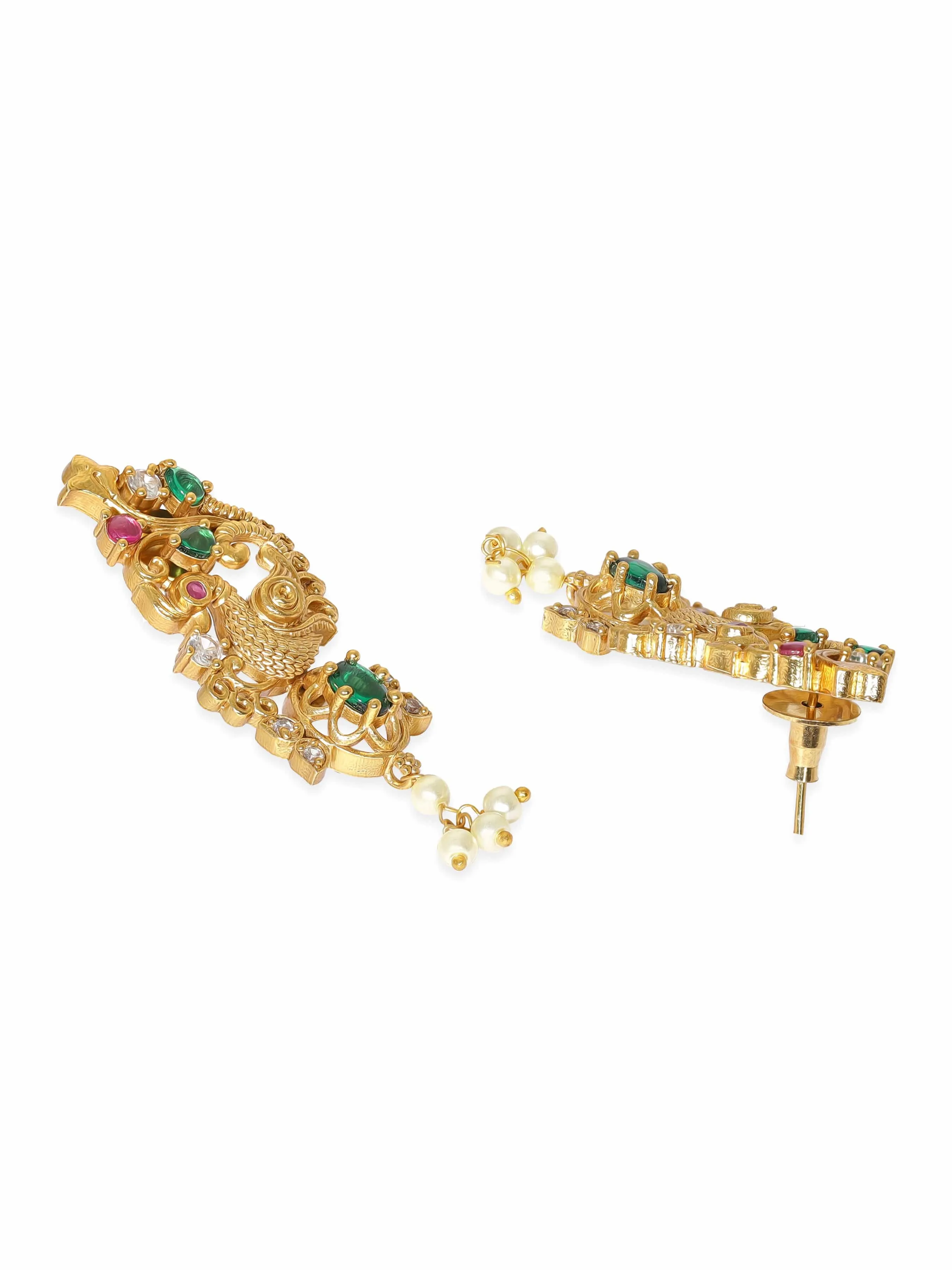 Rubans 22K Gold-Plated Kemp & Zirconia Crystal Studded Handcrafted Pearl Beaded Necklace Set