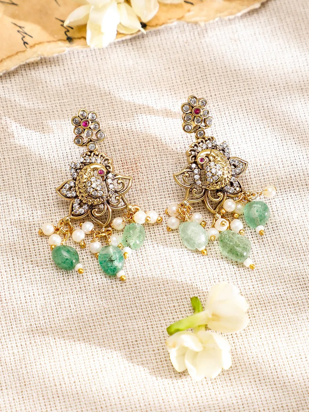 Rubans 22K Gold-Plated with Green Beads, Pearls & Cubic Zirconia Temple Jewellery Set