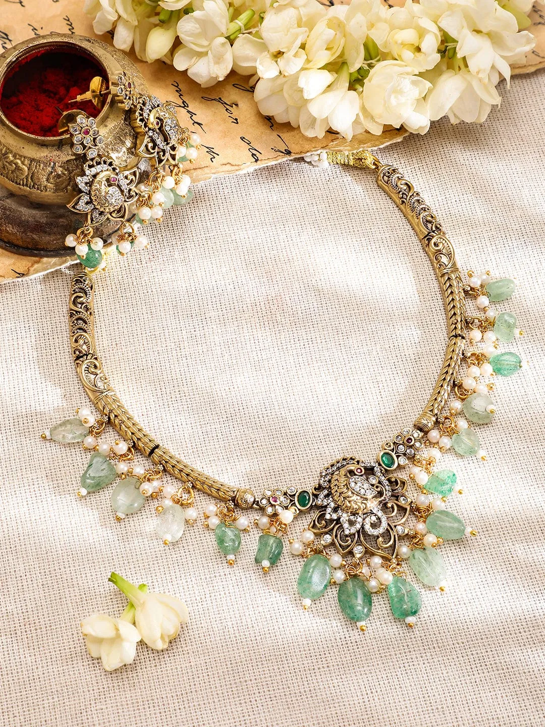 Rubans 22K Gold-Plated with Green Beads, Pearls & Cubic Zirconia Temple Jewellery Set