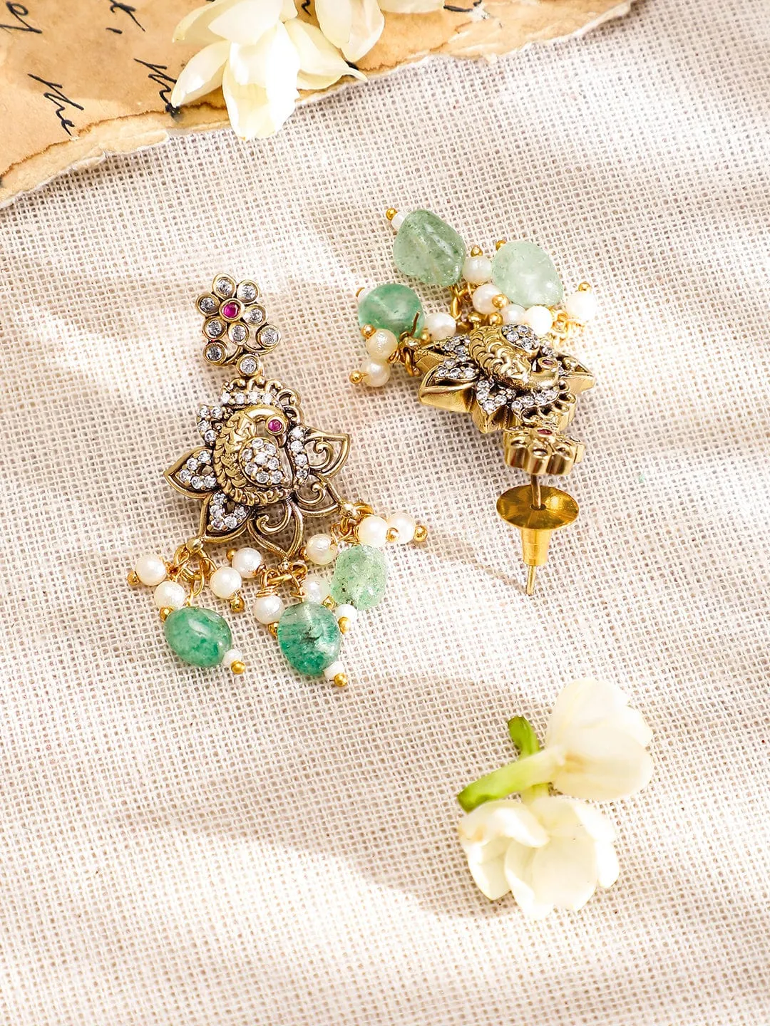 Rubans 22K Gold-Plated with Green Beads, Pearls & Cubic Zirconia Temple Jewellery Set