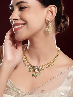Rubans 22K Gold-Plated with Green Beads, Pearls & Cubic Zirconia Temple Jewellery Set
