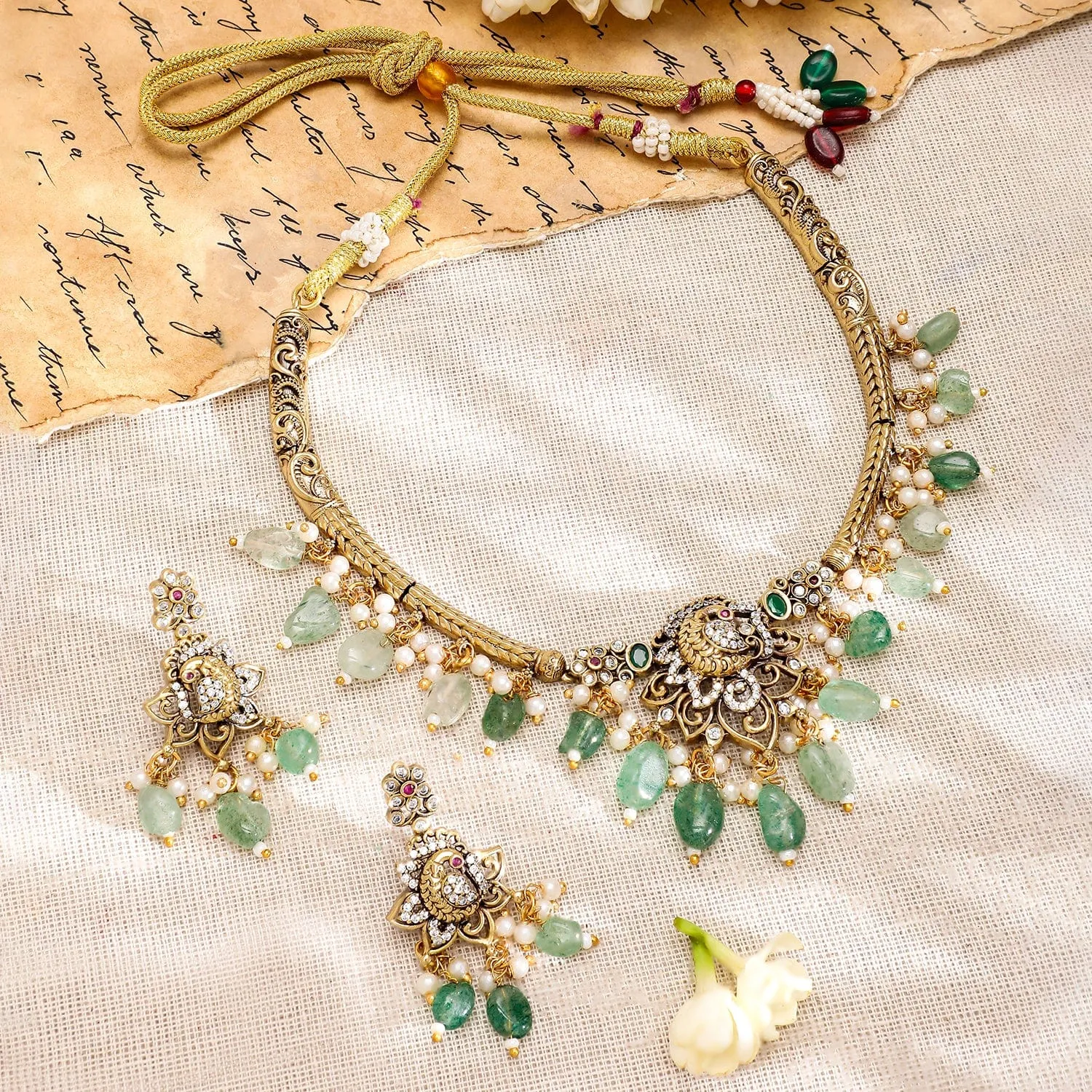 Rubans 22K Gold-Plated with Green Beads, Pearls & Cubic Zirconia Temple Jewellery Set