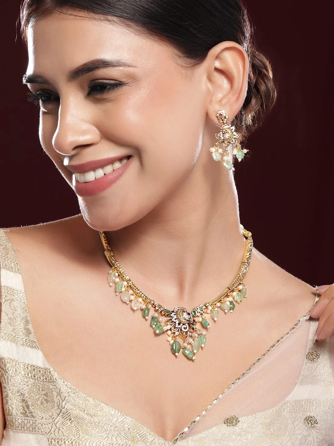 Rubans 22K Gold-Plated with Green Beads, Pearls & Cubic Zirconia Temple Jewellery Set