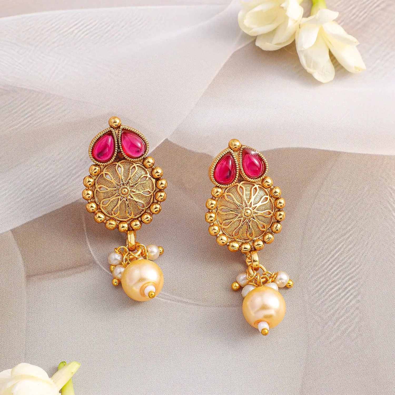 Rubans 24K Gold-Plated Ruby Red & Emerald Green Kundan Studded Necklace Set with Pearl Drops