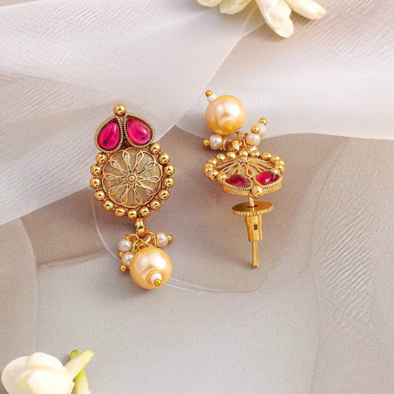 Rubans 24K Gold-Plated Ruby Red & Emerald Green Kundan Studded Necklace Set with Pearl Drops
