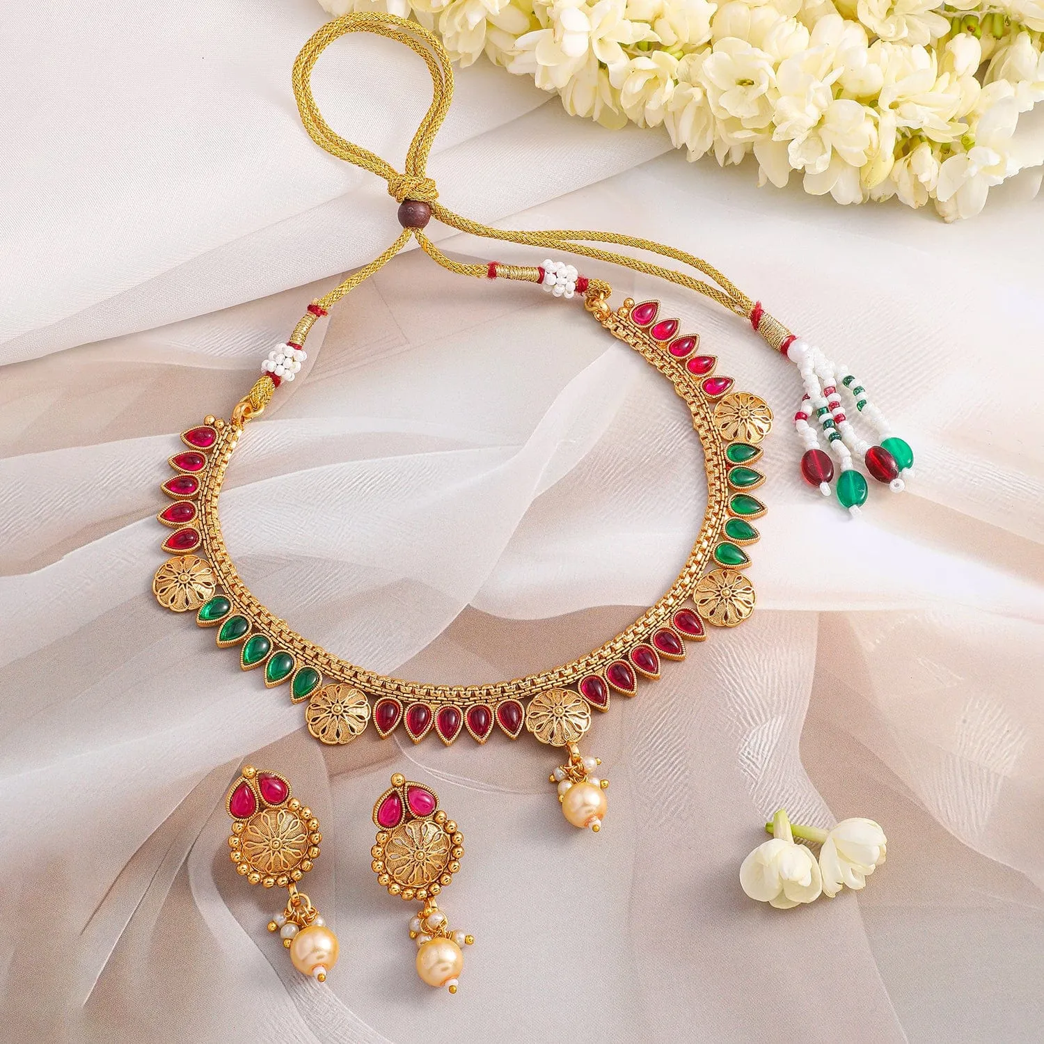 Rubans 24K Gold-Plated Ruby Red & Emerald Green Kundan Studded Necklace Set with Pearl Drops