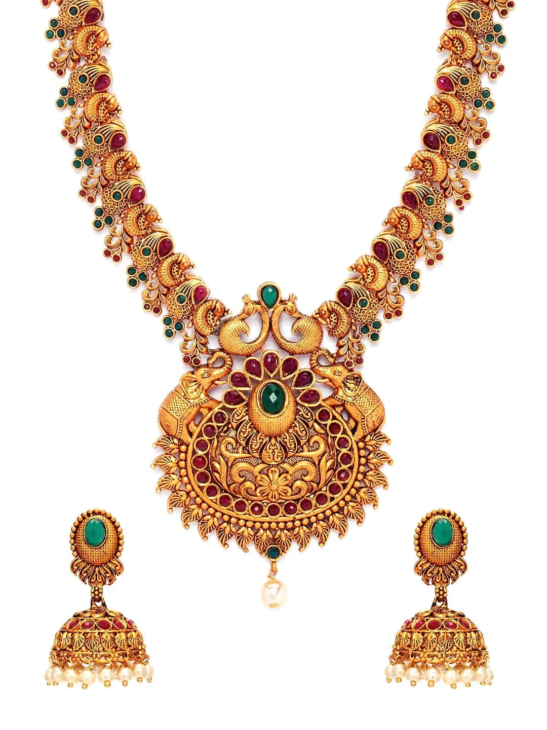Rubans Gold Plated Handcrafted Traditional Pearl Embellished Faux Ruby And Emerald Studded Divine Lakshmi Necklace Set